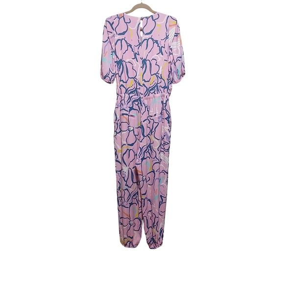 Tanya Taylor Pink Floral Print Wrap Jumpsuit Cropped Sleeve Tie Waist Size 6 - Picture 6 of 14